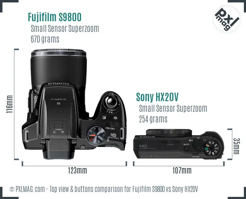 Fujifilm S9800 vs Sony HX20V top view buttons comparison
