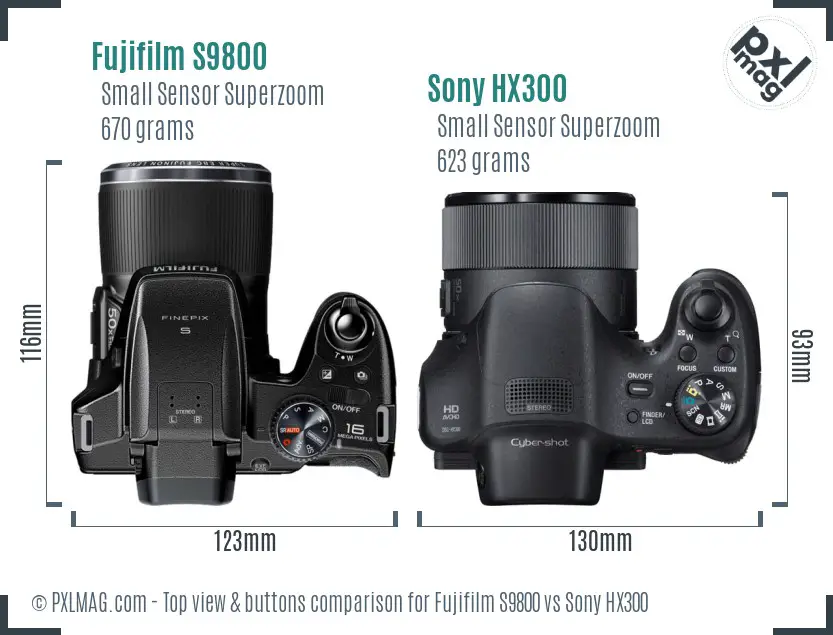 Fujifilm S9800 vs Sony HX300 top view buttons comparison