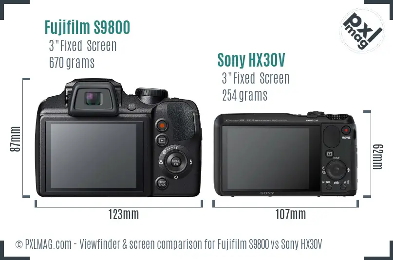 Fujifilm S9800 vs Sony HX30V Screen and Viewfinder comparison