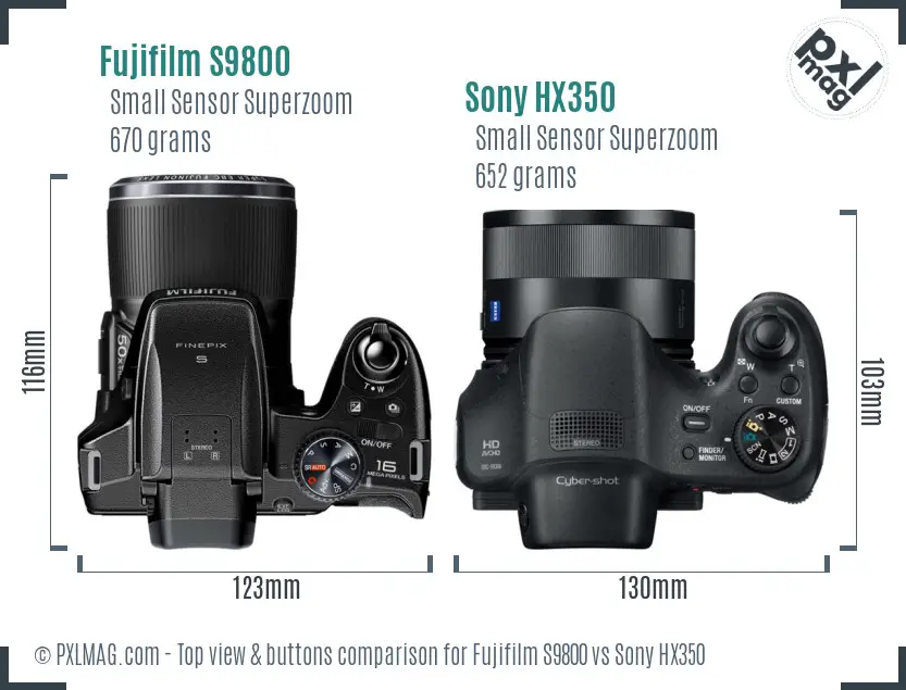 Fujifilm S9800 vs Sony HX350 top view buttons comparison