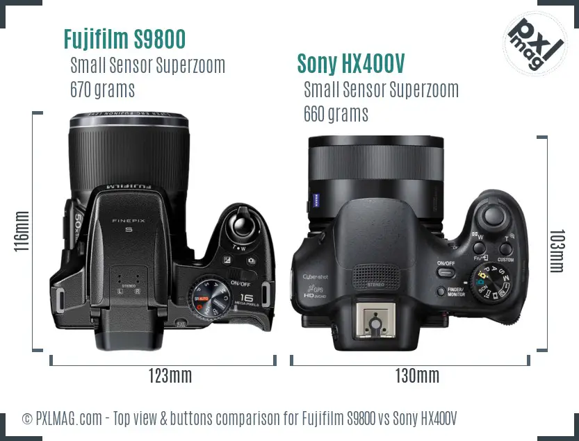 Fujifilm S9800 vs Sony HX400V top view buttons comparison