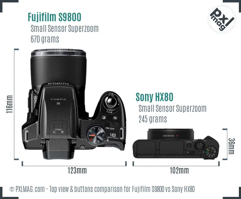 Fujifilm S9800 vs Sony HX80 top view buttons comparison