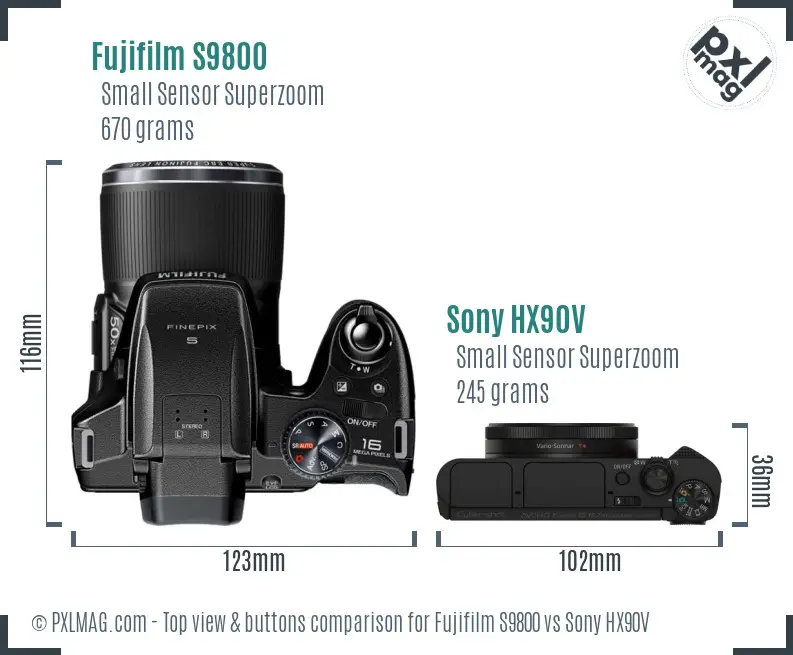 Fujifilm S9800 vs Sony HX90V top view buttons comparison