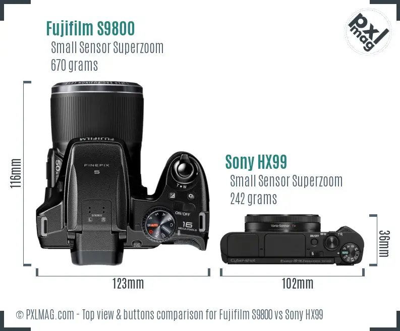 Fujifilm S9800 vs Sony HX99 top view buttons comparison