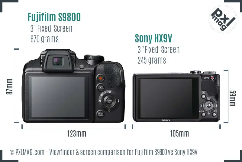Fujifilm S9800 vs Sony HX9V Screen and Viewfinder comparison