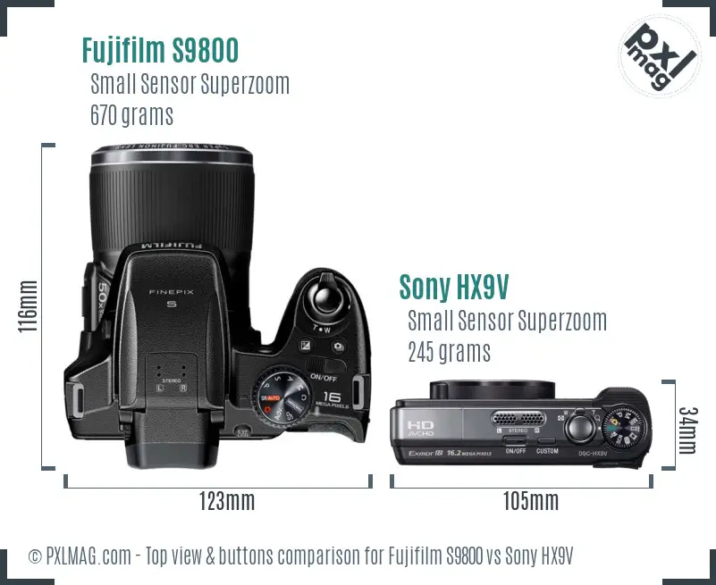 Fujifilm S9800 vs Sony HX9V top view buttons comparison