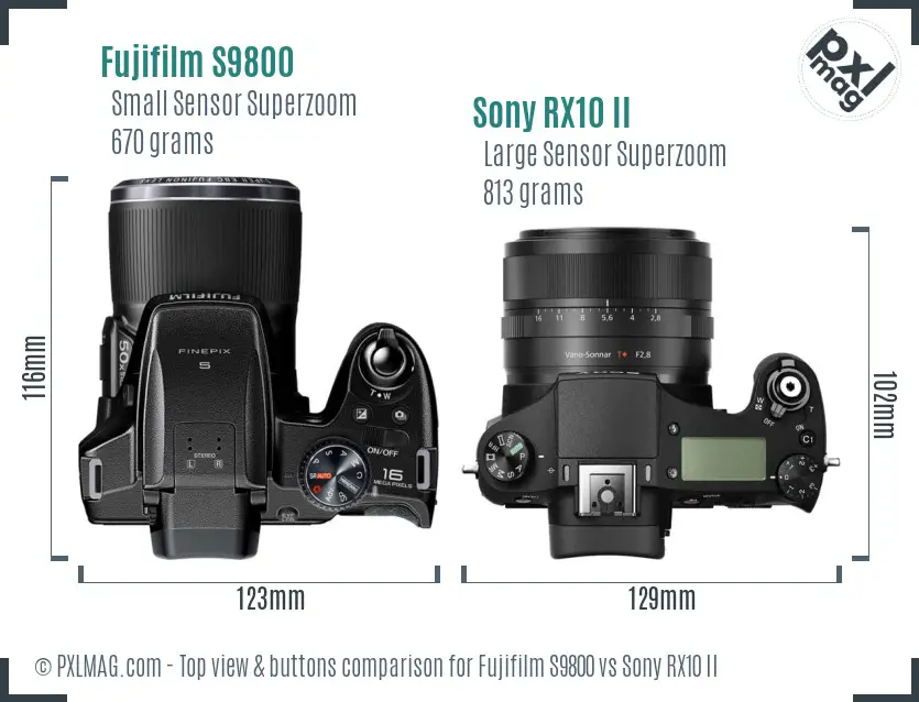 Fujifilm S9800 vs Sony RX10 II top view buttons comparison