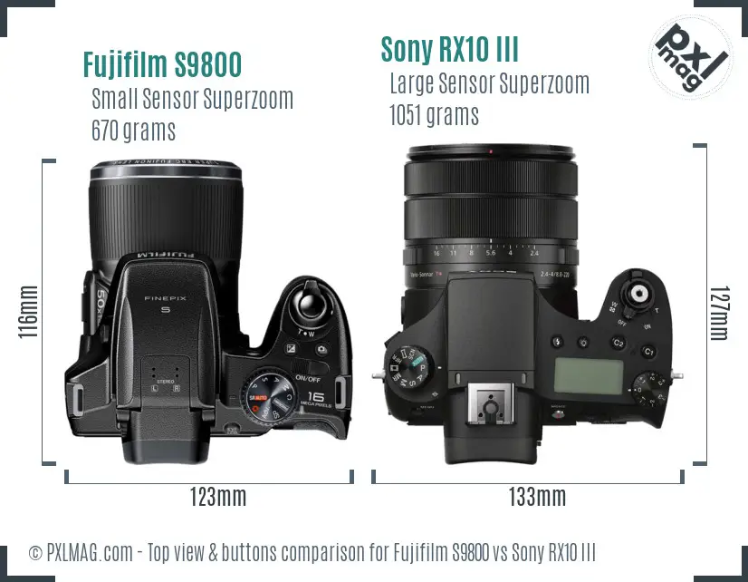 Fujifilm S9800 vs Sony RX10 III top view buttons comparison Fujifilm S9800 vs Sony RX10 III top view buttons comparison