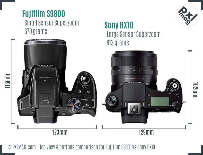 Fujifilm S9800 vs Sony RX10 top view buttons comparison