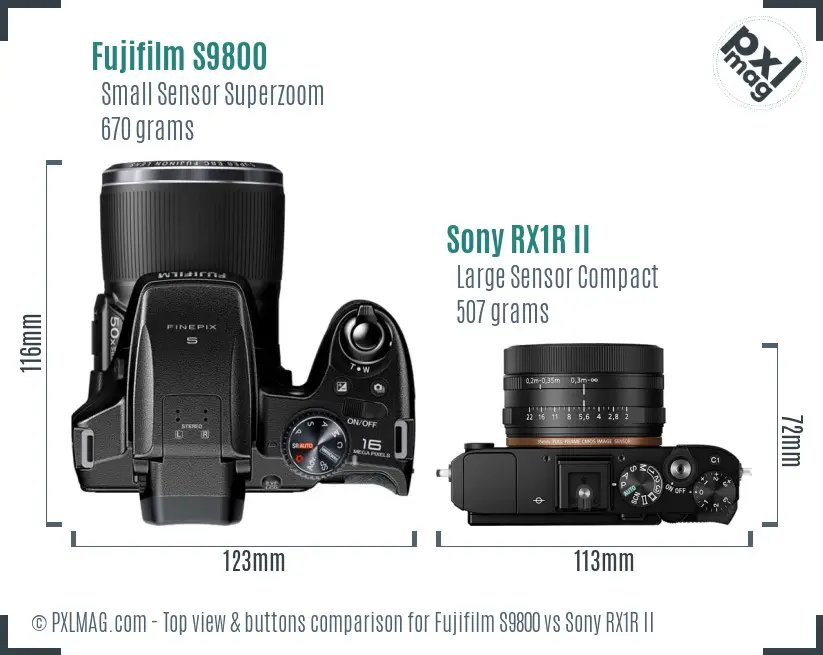 Fujifilm S9800 vs Sony RX1R II top view buttons comparison