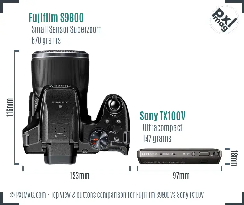 Fujifilm S9800 vs Sony TX100V top view buttons comparison