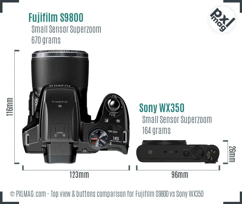 Fujifilm S9800 vs Sony WX350 top view buttons comparison