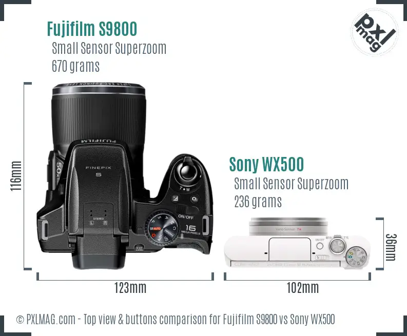 Fujifilm S9800 vs Sony WX500 top view buttons comparison Fujifilm S9800 vs Sony WX500 top view buttons comparison