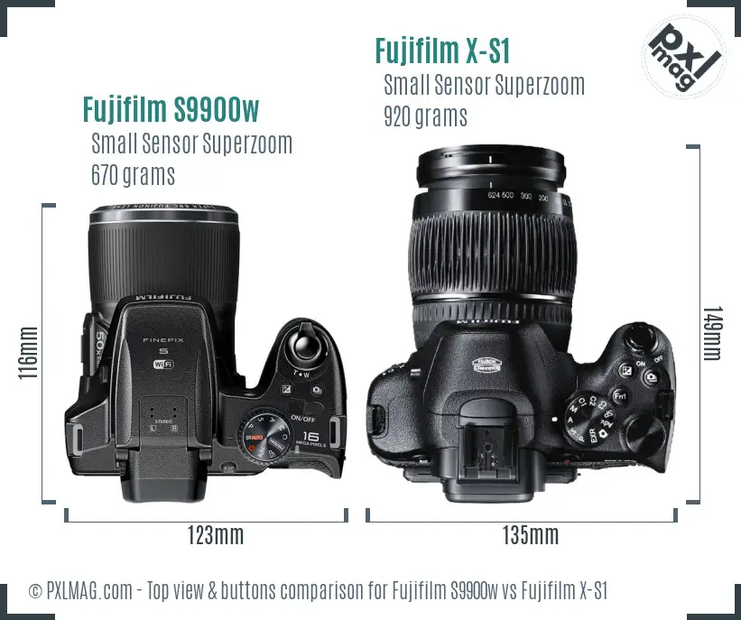 Fujifilm S9900w vs Fujifilm X-S1 top view buttons comparison