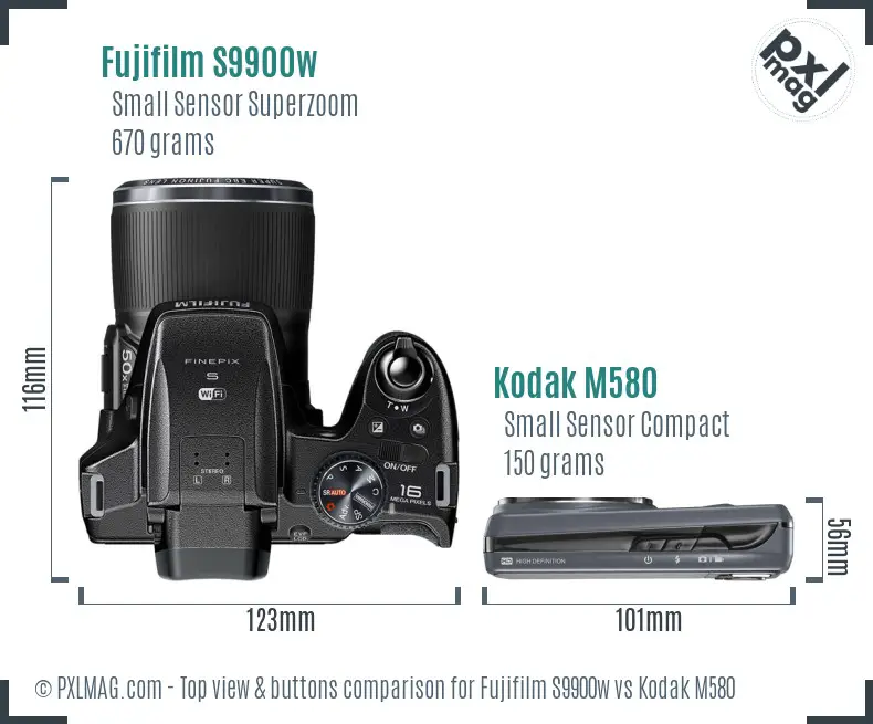 Fujifilm S9900w vs Kodak M580 top view buttons comparison