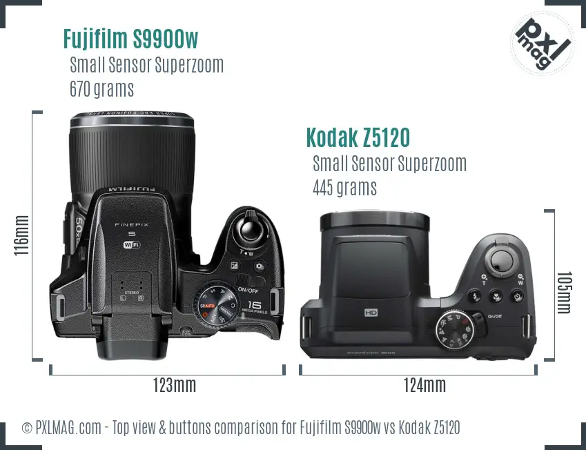 Fujifilm S9900w vs Kodak Z5120 top view buttons comparison Fujifilm S9900w vs Kodak Z5120 top view buttons comparison