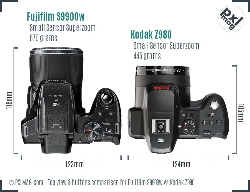 Fujifilm S9900w vs Kodak Z980 top view buttons comparison Fujifilm S9900w vs Kodak Z980 top view buttons comparison