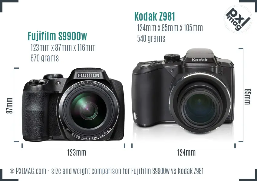 Fujifilm S9900w vs Kodak Z981 size comparison