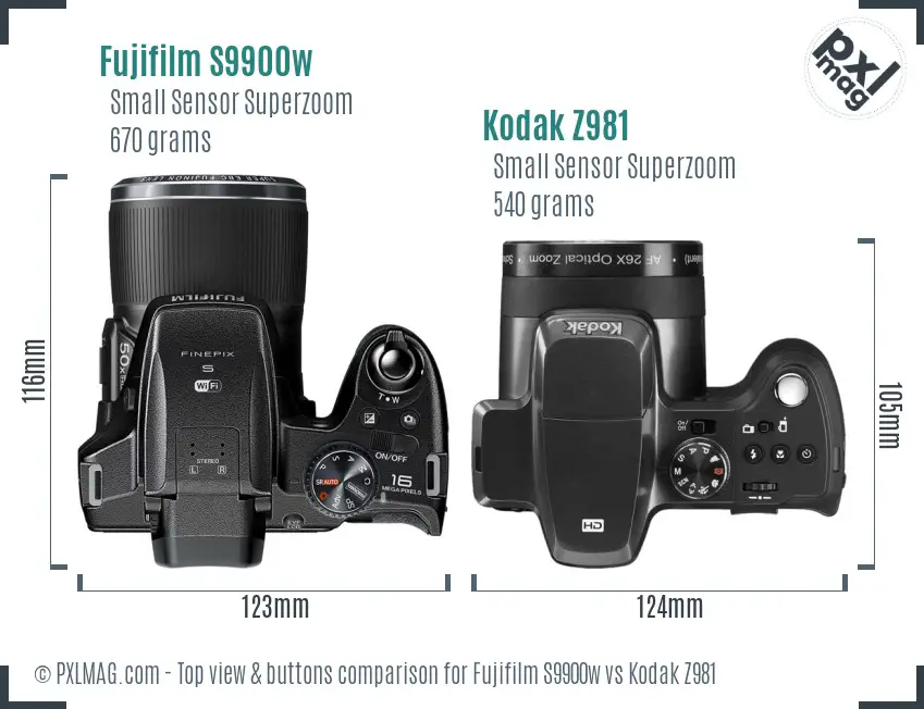 Fujifilm S9900w vs Kodak Z981 top view buttons comparison