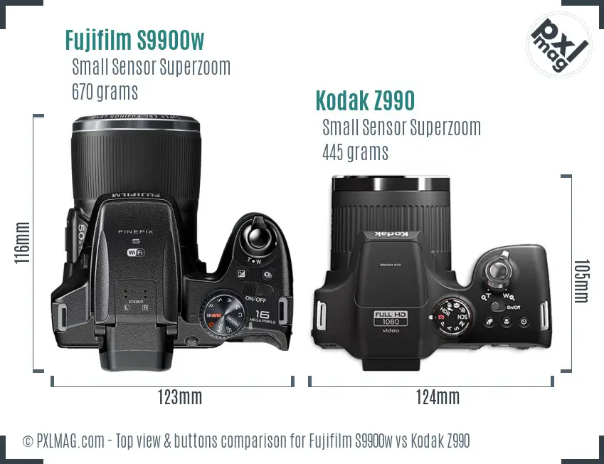 Fujifilm S9900w vs Kodak Z990 top view buttons comparison