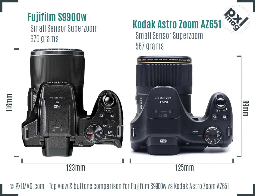 Fujifilm S9900w vs Kodak Astro Zoom AZ651 top view buttons comparison Fujifilm S9900w vs Kodak Astro Zoom AZ651 top view buttons comparison