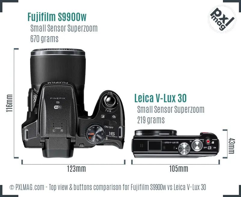 Fujifilm S9900w vs Leica V-Lux 30 top view buttons comparison Fujifilm S9900w vs Leica V-Lux 30 top view buttons comparison