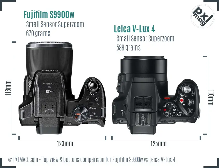 Fujifilm S9900w vs Leica V-Lux 4 top view buttons comparison