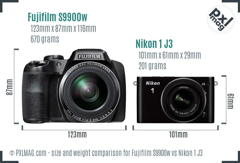 Fujifilm S9900w vs Nikon 1 J3 size comparison
