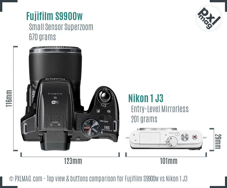 Fujifilm S9900w vs Nikon 1 J3 top view buttons comparison