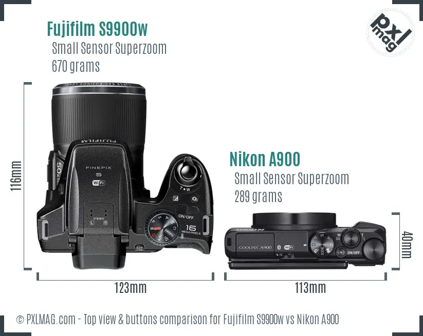 Fujifilm S9900w vs Nikon A900 top view buttons comparison