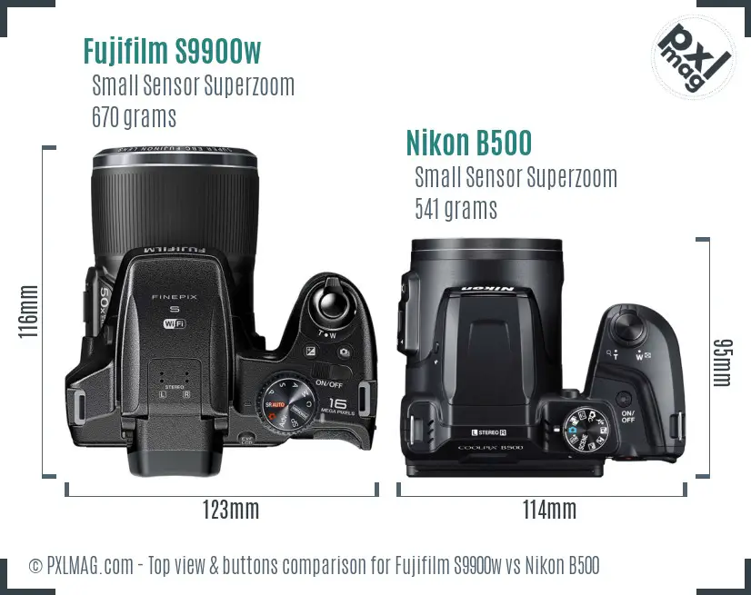 Fujifilm S9900w vs Nikon B500 top view buttons comparison
