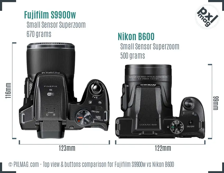 Fujifilm S9900w vs Nikon B600 top view buttons comparison