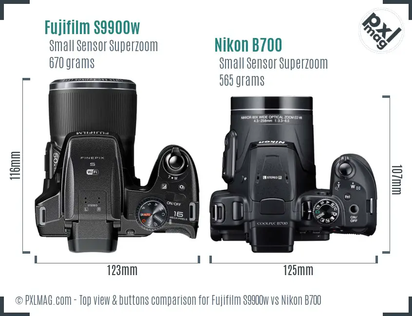 Fujifilm S9900w vs Nikon B700 top view buttons comparison