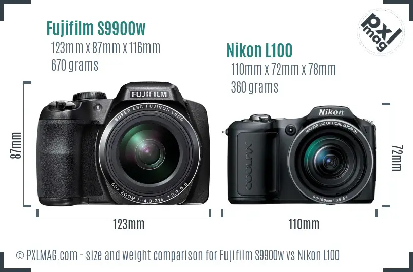 Fujifilm S9900w vs Nikon L100 size comparison