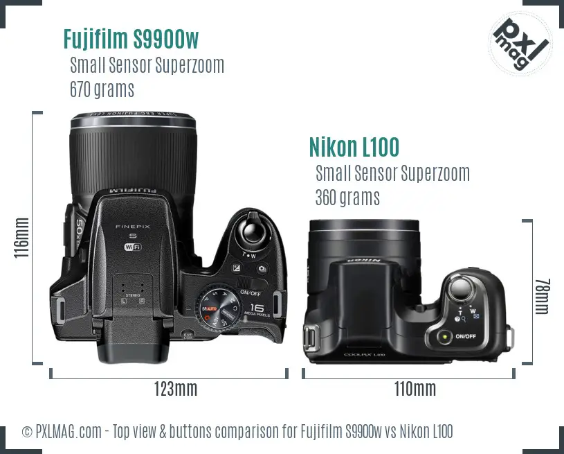 Fujifilm S9900w vs Nikon L100 top view buttons comparison