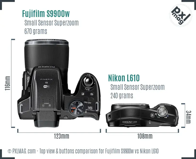 Fujifilm S9900w vs Nikon L610 top view buttons comparison Fujifilm S9900w vs Nikon L610 top view buttons comparison