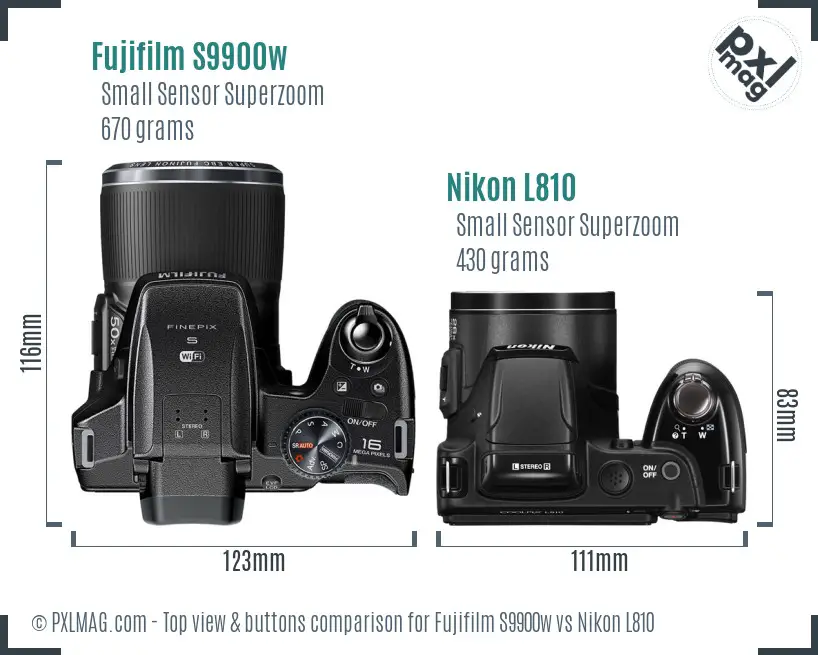 Fujifilm S9900w vs Nikon L810 top view buttons comparison Fujifilm S9900w vs Nikon L810 top view buttons comparison