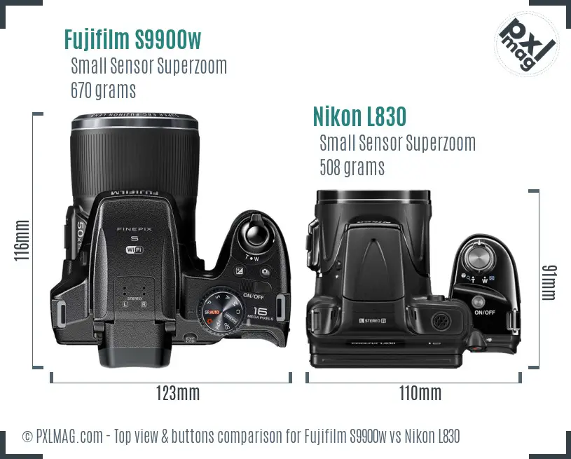 Fujifilm S9900w vs Nikon L830 top view buttons comparison