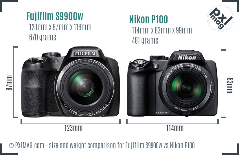 Fujifilm S9900w vs Nikon P100 size comparison