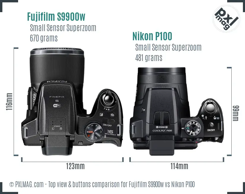 Fujifilm S9900w vs Nikon P100 top view buttons comparison