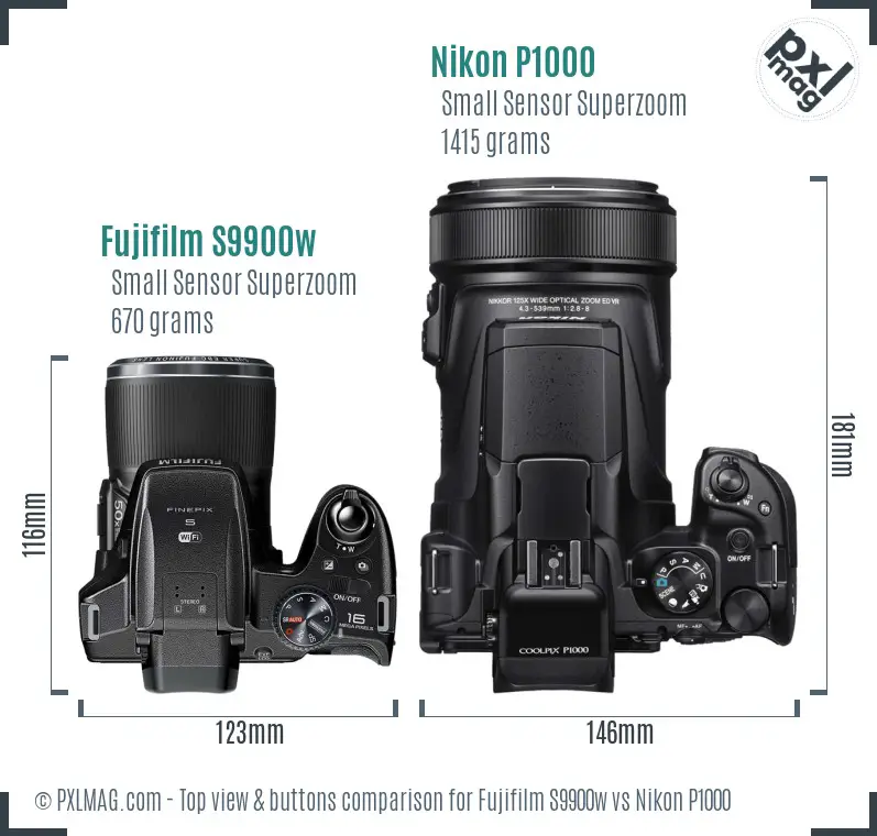 Fujifilm S9900w vs Nikon P1000 top view buttons comparison