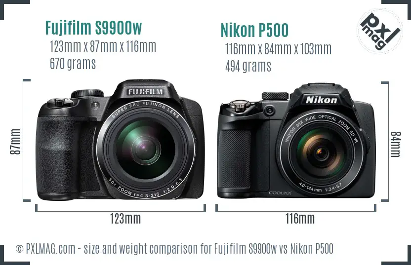 Fujifilm S9900w vs Nikon P500 size comparison
