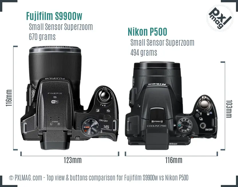 Fujifilm S9900w vs Nikon P500 top view buttons comparison