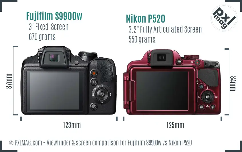 Fujifilm S9900w vs Nikon P520 Screen and Viewfinder comparison