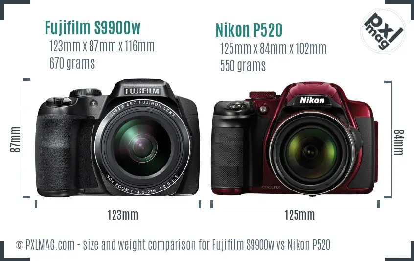 Fujifilm S9900w vs Nikon P520 size comparison