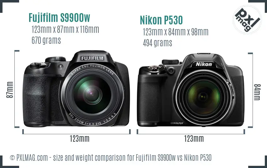 Fujifilm S9900w vs Nikon P530 size comparison