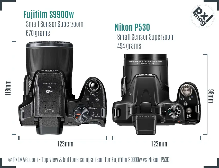 Fujifilm S9900w vs Nikon P530 top view buttons comparison