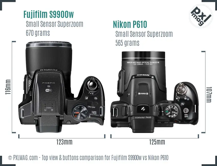 Fujifilm S9900w vs Nikon P610 top view buttons comparison