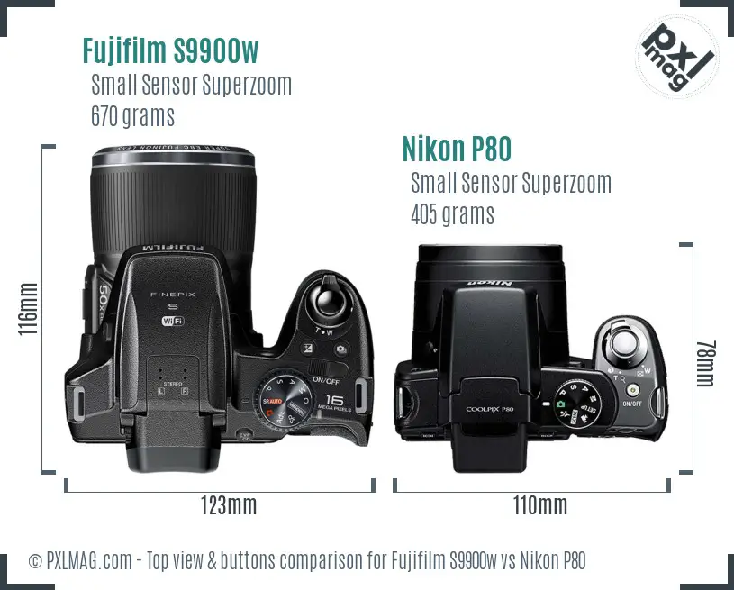 Fujifilm S9900w vs Nikon P80 top view buttons comparison