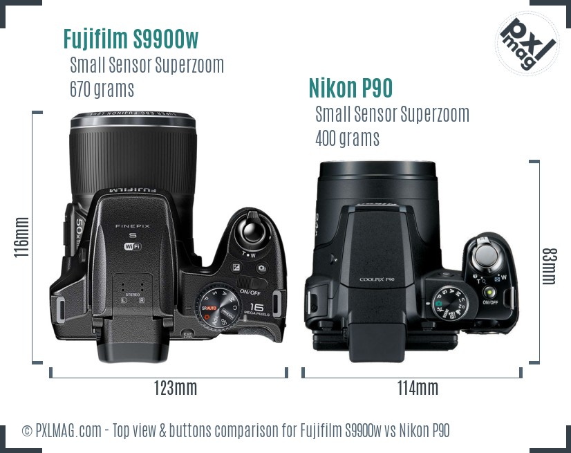 Fujifilm S9900w vs Nikon P90 top view buttons comparison